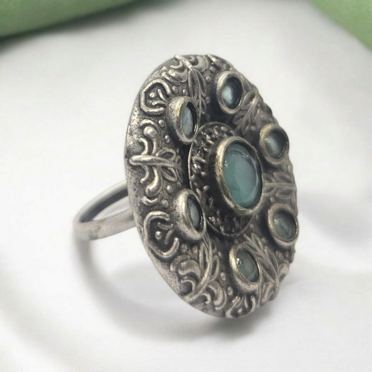Vintage Oxidized Ring With Aqua Stone